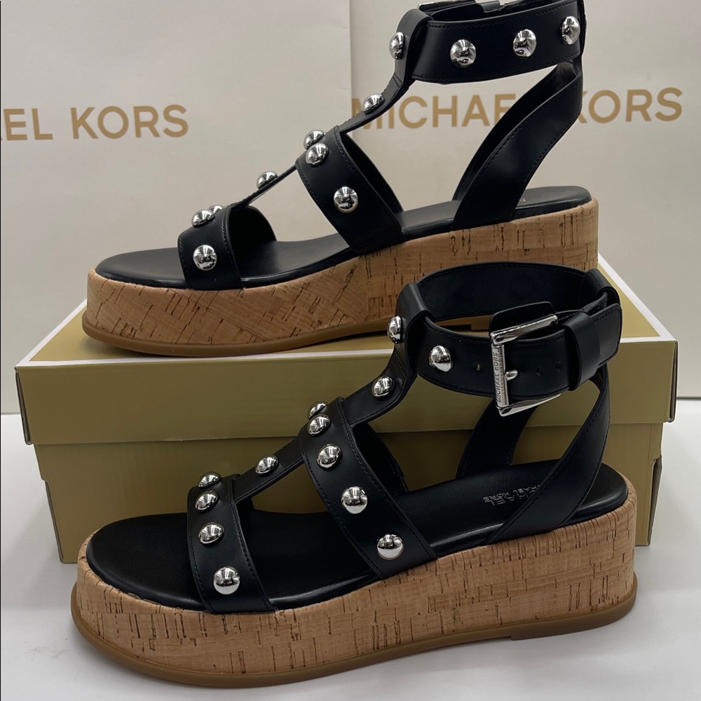 MICHAEL KORS Selah Studded Platform Gladiator Silver Studded Sandal
Black 
New